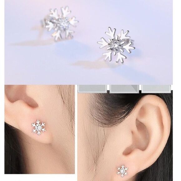 Sterling Silver Cubic Zirconia Snowflake Earrings - Picture 2 of 8